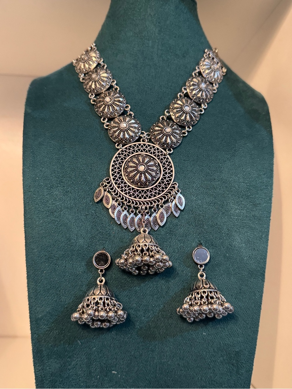 Oxidized Silver-Tone Floral Medallion Necklace & Jhumka Earring Set